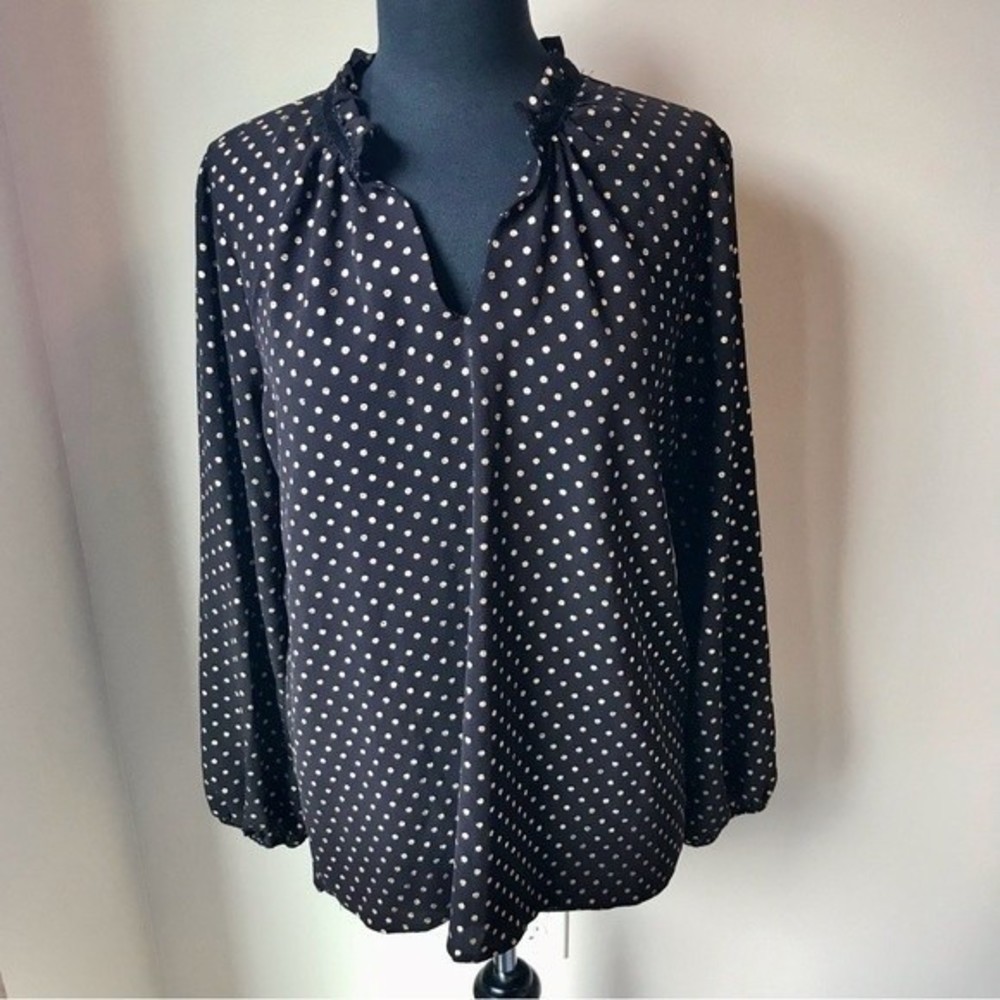 BOBEAU Blouse Gold Polka Dot Top Black Long Sleeve Shirt Metallic